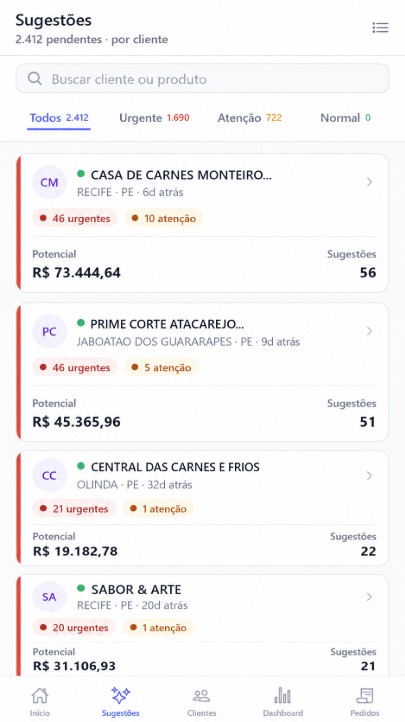 Fila de sugestões no app mobile B2Sales
